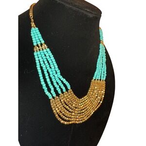 Turquoise Beaded Statement Necklace Gold Tone Multi Strand Bib Boho